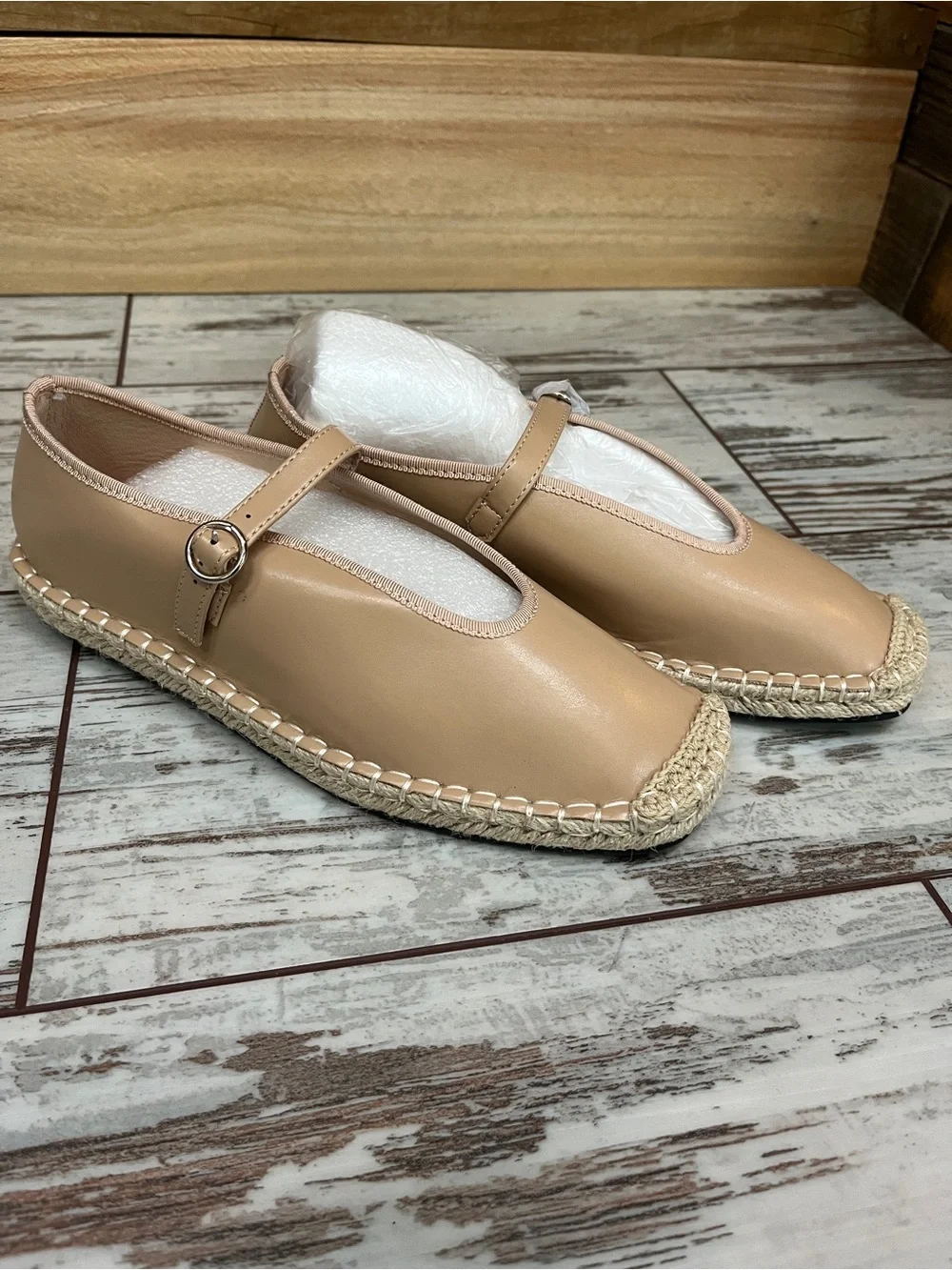 Coutgo Beige Tan Square Toe Mary Jane Espadrille Flats Ankle Strap Womens 7 NWOT